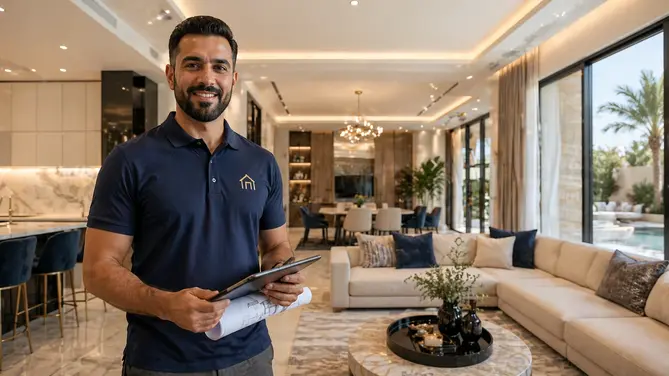 Falak Almurjan contractor reviewing project plans inside a completed Dubai villa