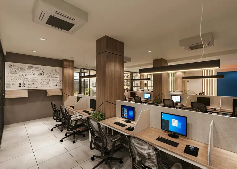 Professional office renovation and fit-out in Dubai with modern open-plan workspace and branded meeting areas
